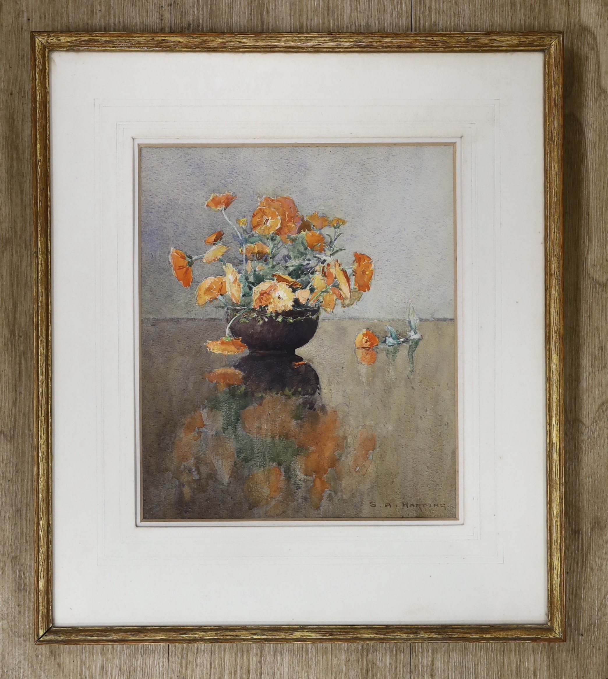 S.A. Harding, watercolour, ‘Marigolds’, signed, 27 x 23cm